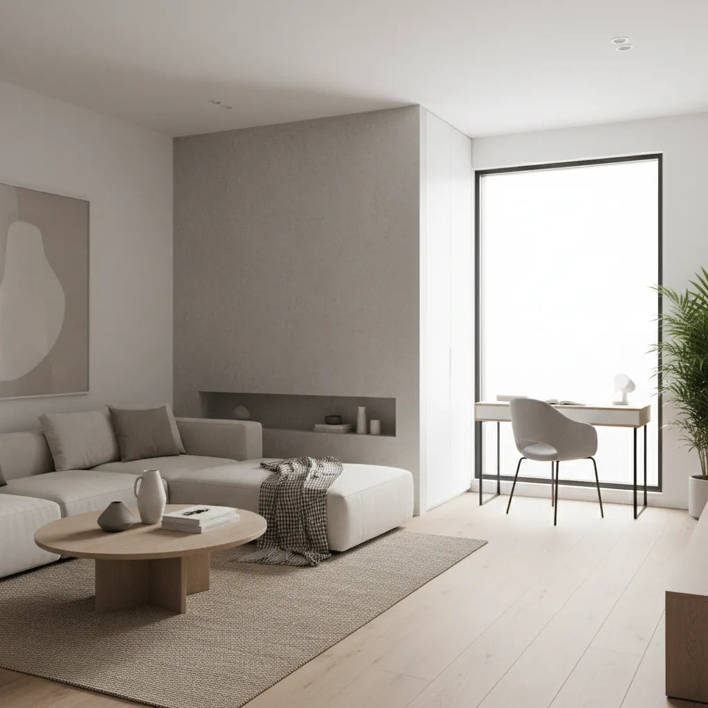 Apartment living room with adjacent small den workspace separated by partial wall