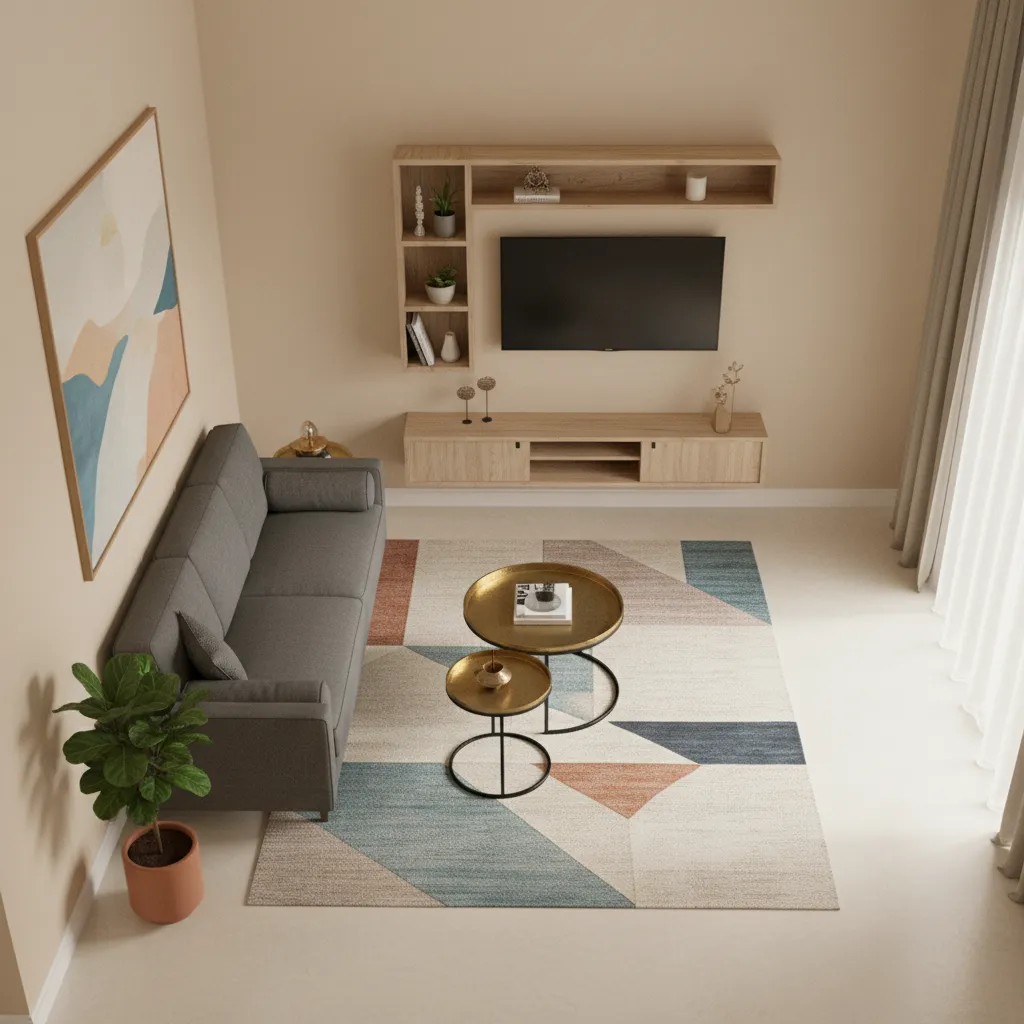 Apartment living room furniture layout with compact sofa and nested tables