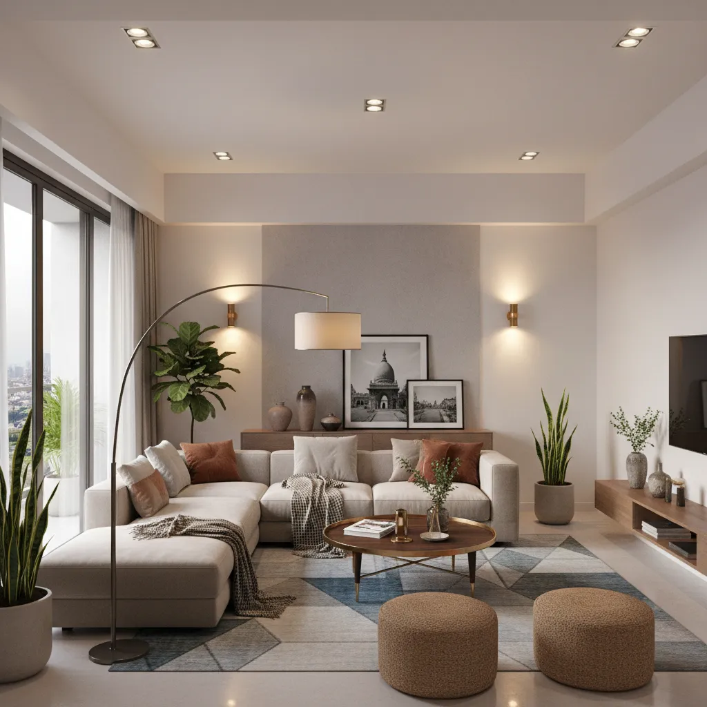 Apartment living room showing layered lighting with floor lamp and wall lights