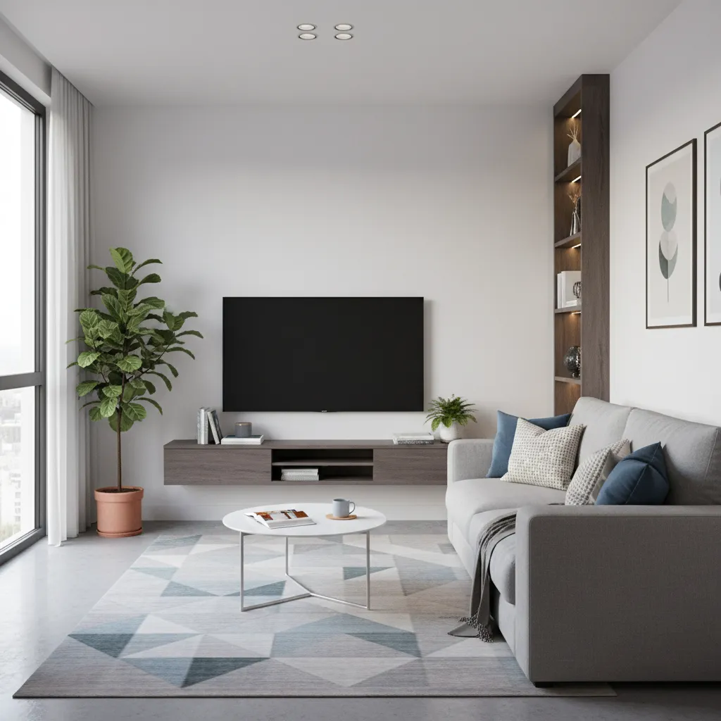 Modern living room with grey sofa, geometric rug, white coffee table, television, and tall bookshelf