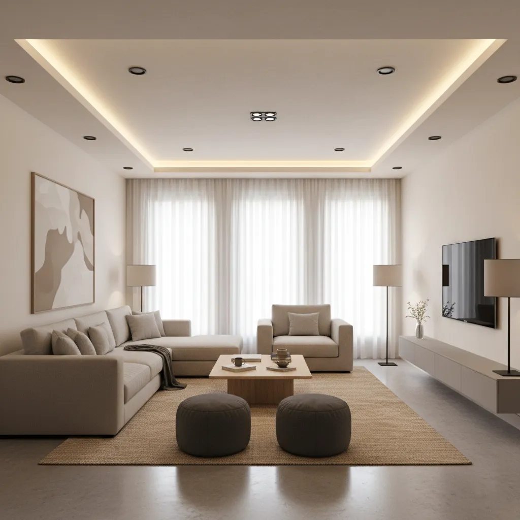perimeter false ceiling with LED strip lighting in a modern apartment living room