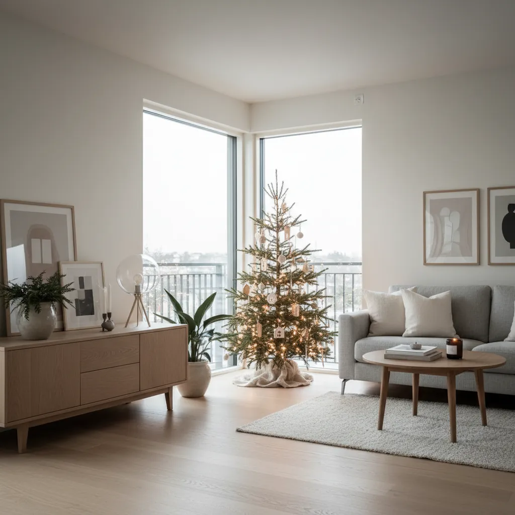 Small Christmas tree placed in apartment corner near window