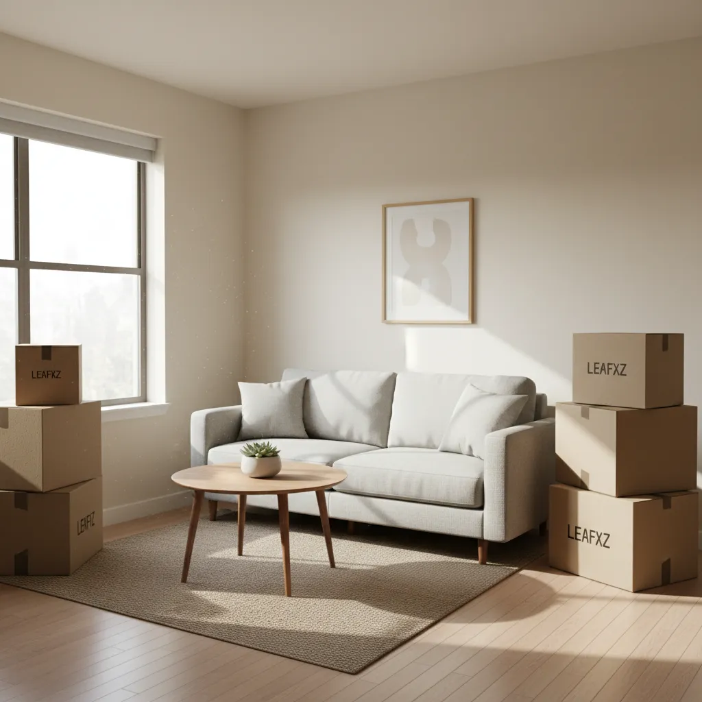 Packed moving boxes in a small apartment living room before move-out