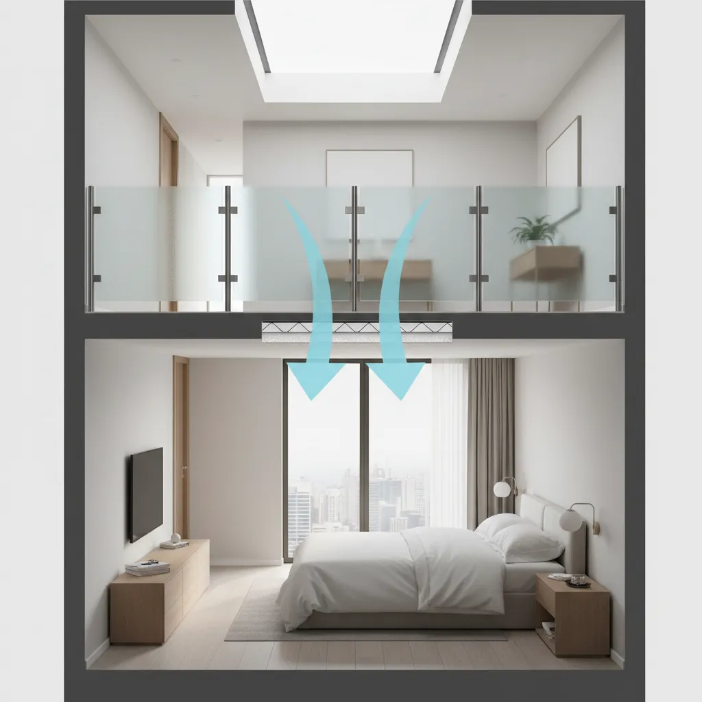 Diagram style apartment layout showing upstairs hallway above downstairs bedroom causing noise transmission