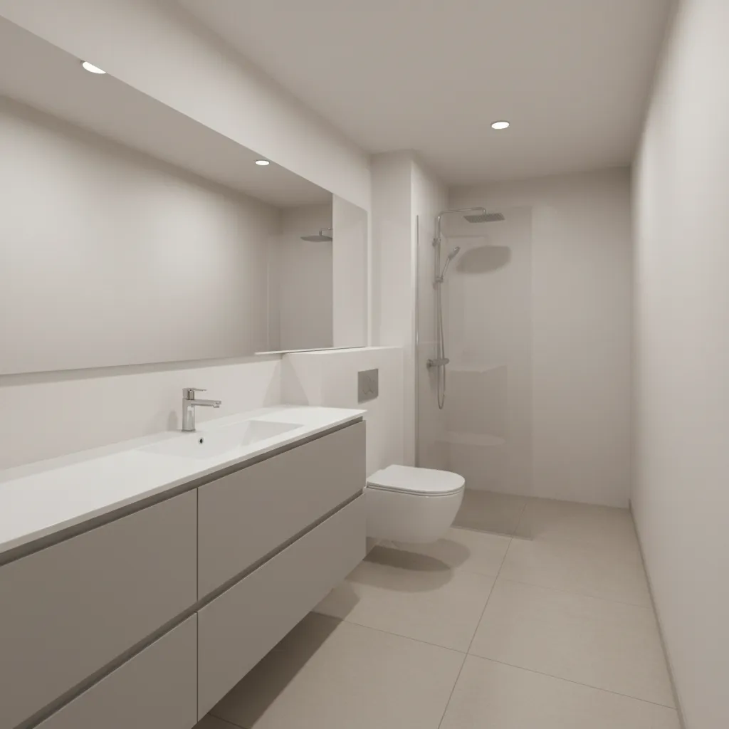 Compact apartment bathroom with offset sink vanity maximizing narrow layout