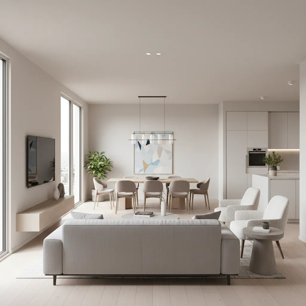 Open concept apartment living dining room with sofa and dining table layout