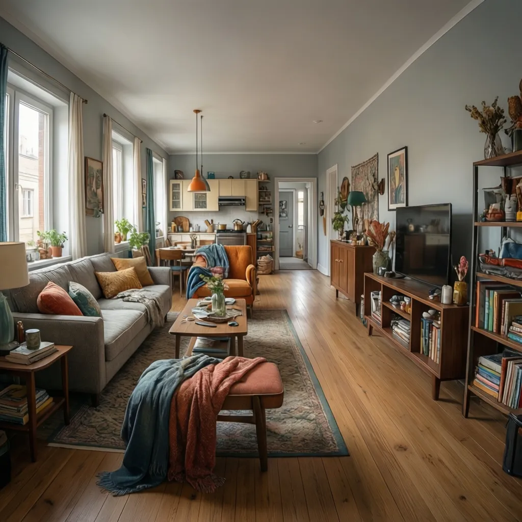 Apartment layout showing open sightlines from living room to hallway and kitchen