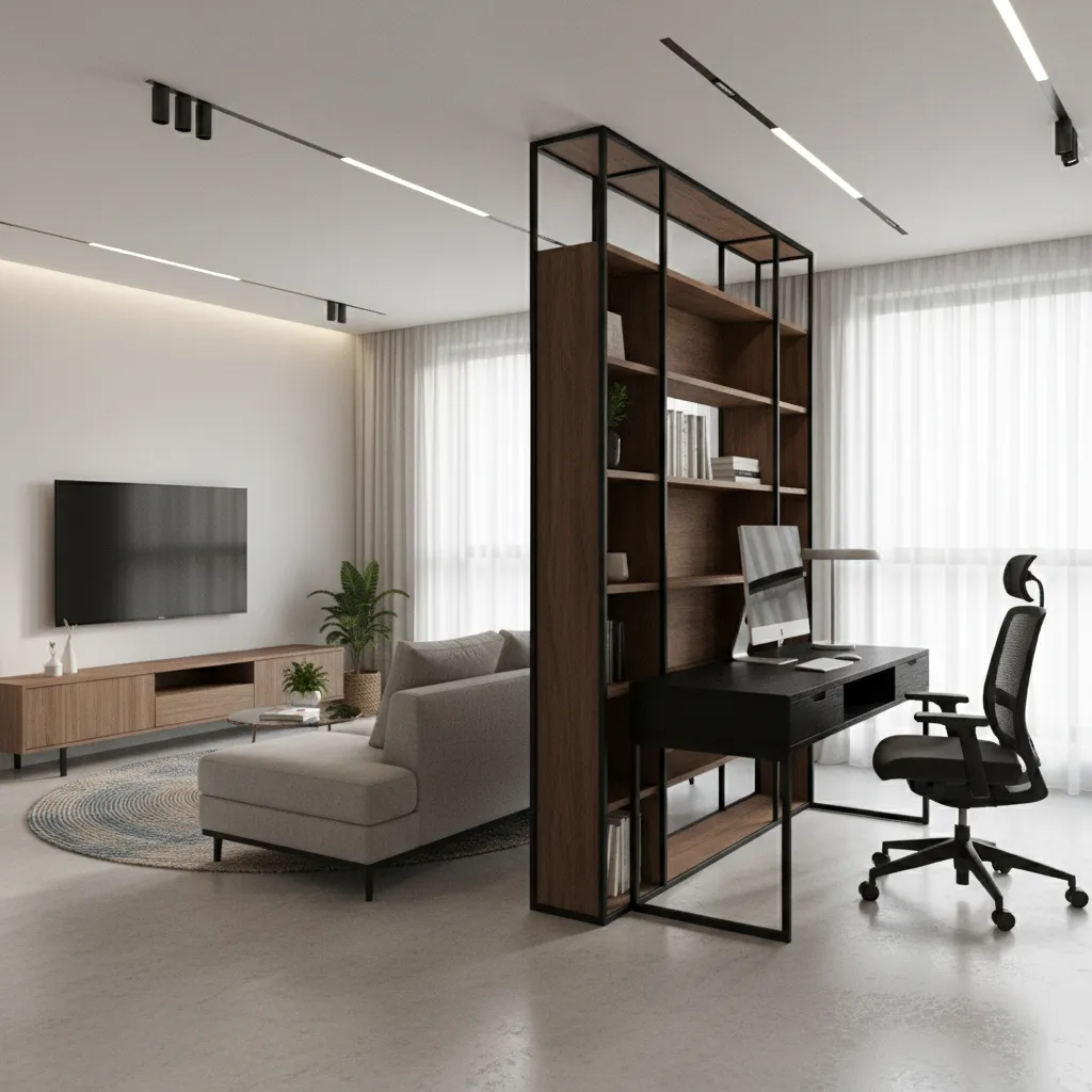 Modern apartment interior using shelving divider to separate living and workspace areas