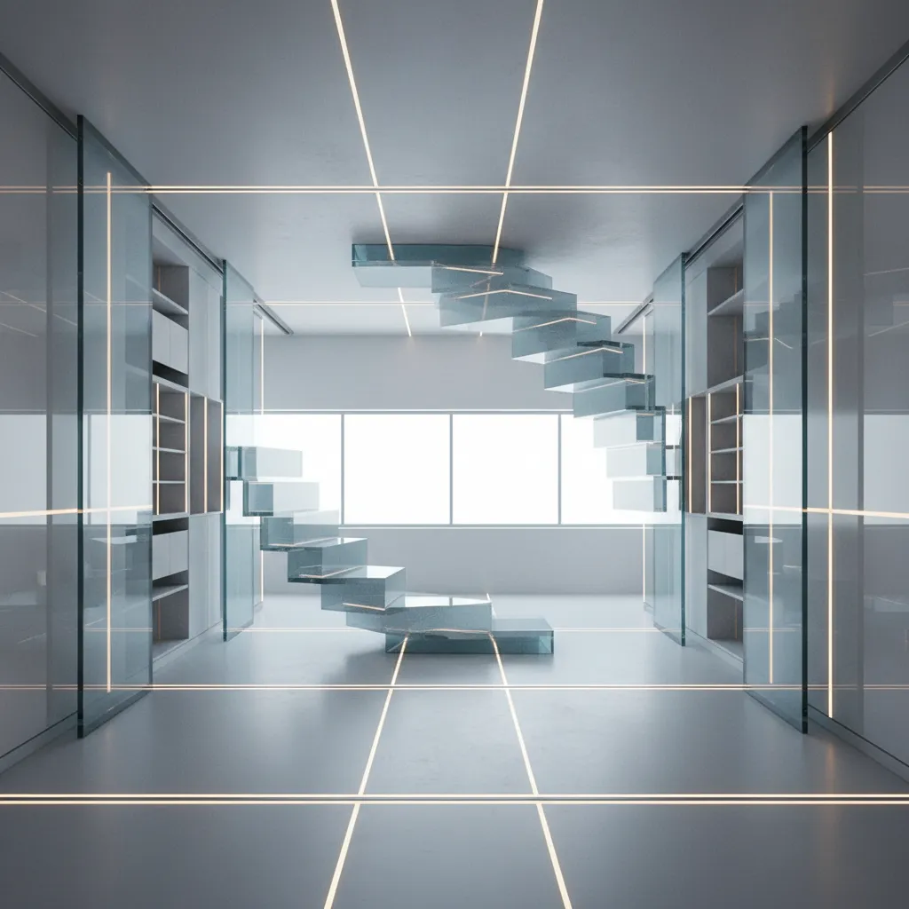 Modern interior design drawing showing futuristic glass staircase with built in lights and tall white cabinets
