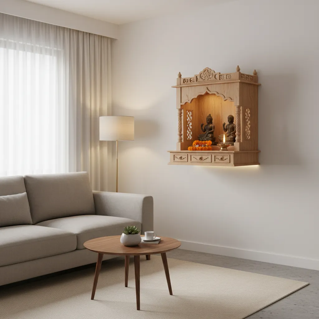 Small apartment living room corner with wall mounted pooja shelf
