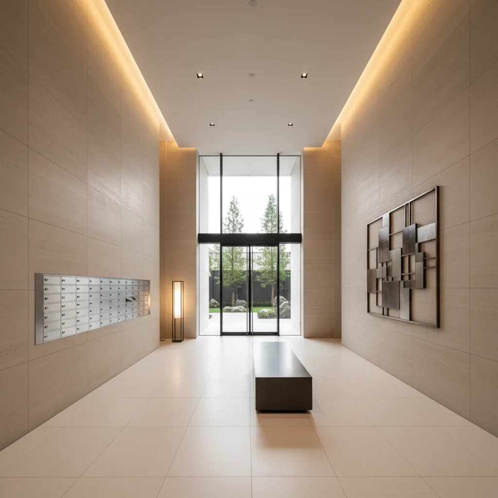 Portal de edificio moderno con diseño minimalista y paredes claras