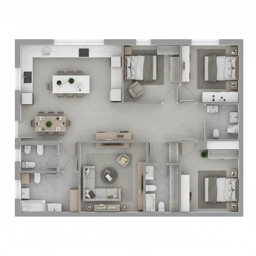 apartment layout illustrating privacy separation between bedrooms and servant room