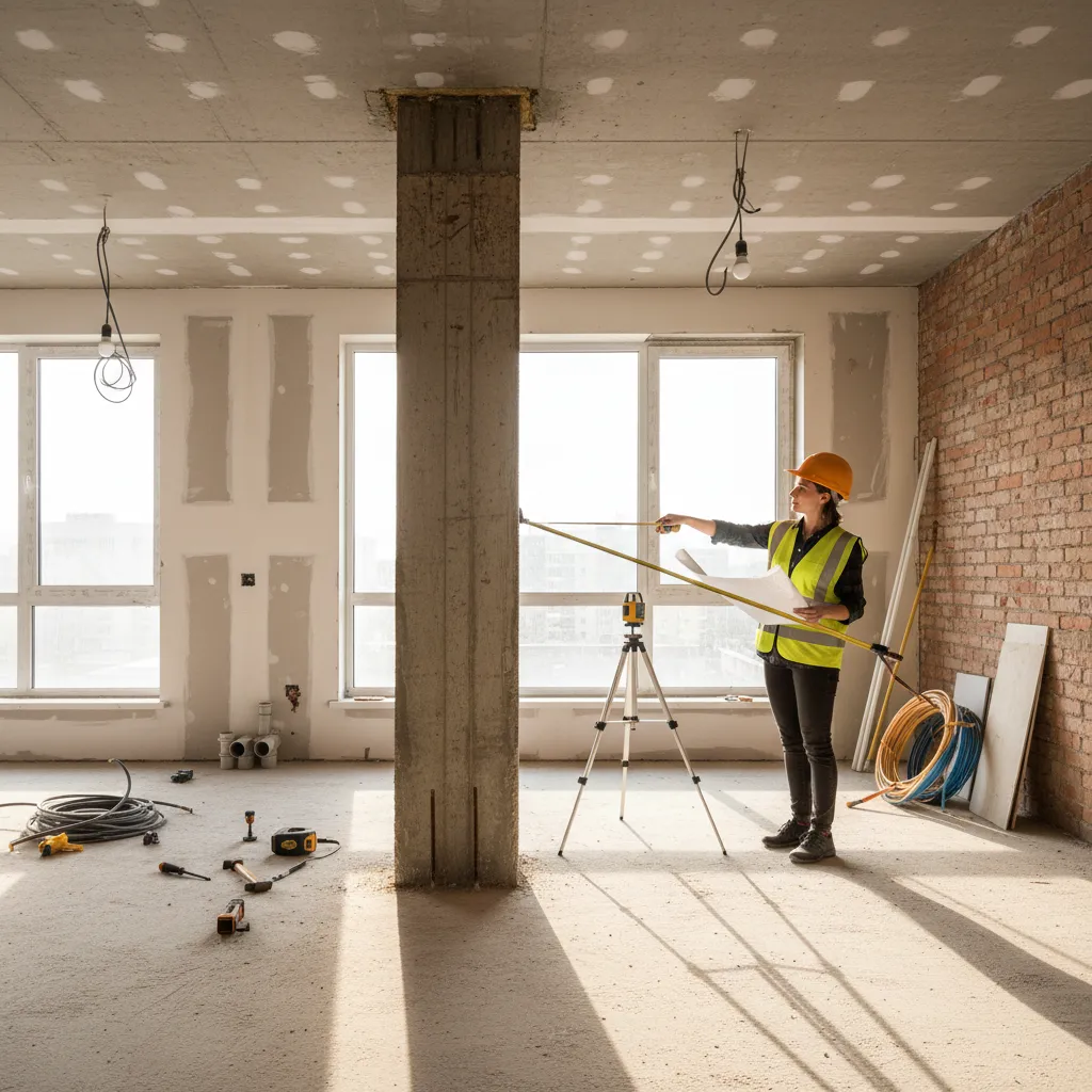 Interior de apartamento en reforma mostrando pilares y limitaciones estructurales