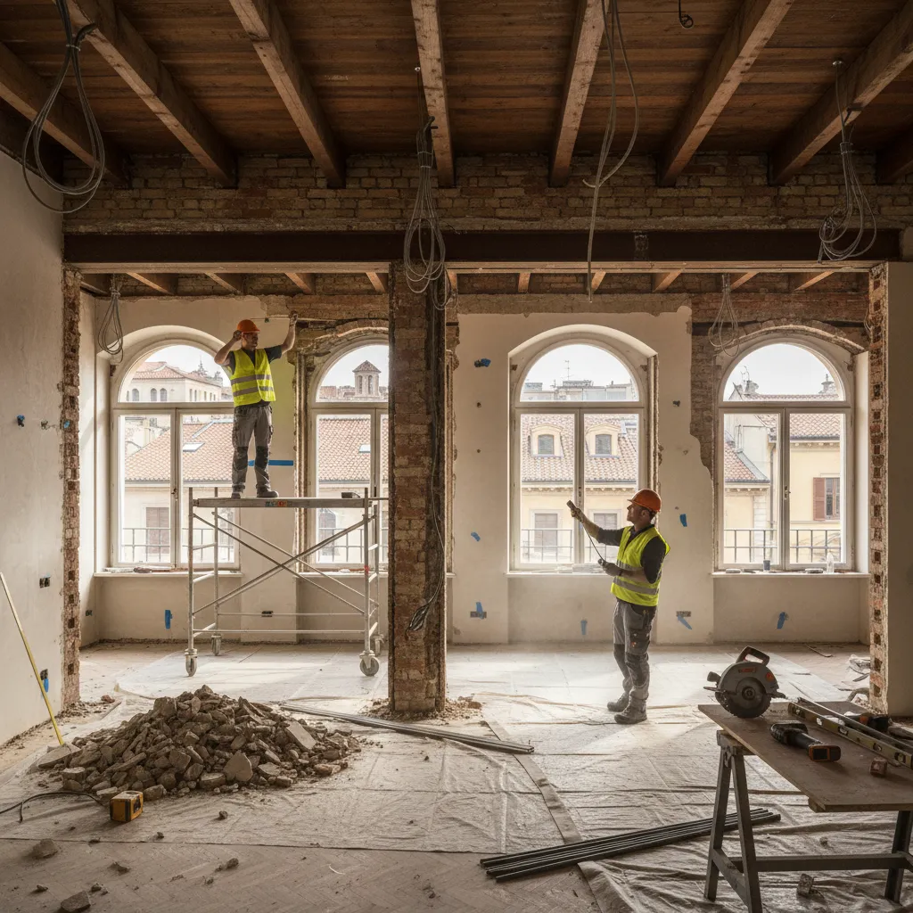 Reforma de apartamento con tabiques abiertos y obra en proceso