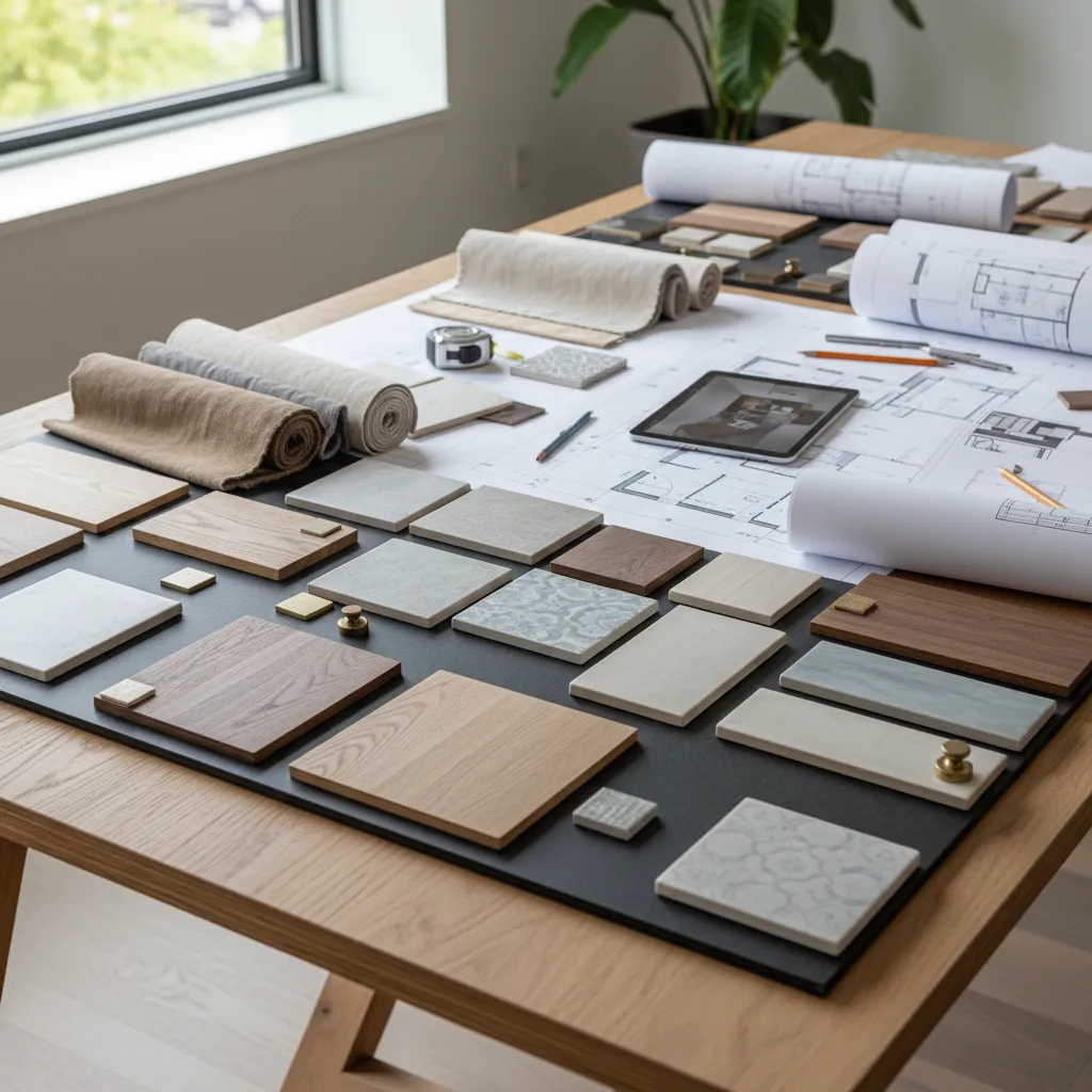 Mesa de trabajo con muestras de materiales y presupuesto de reforma