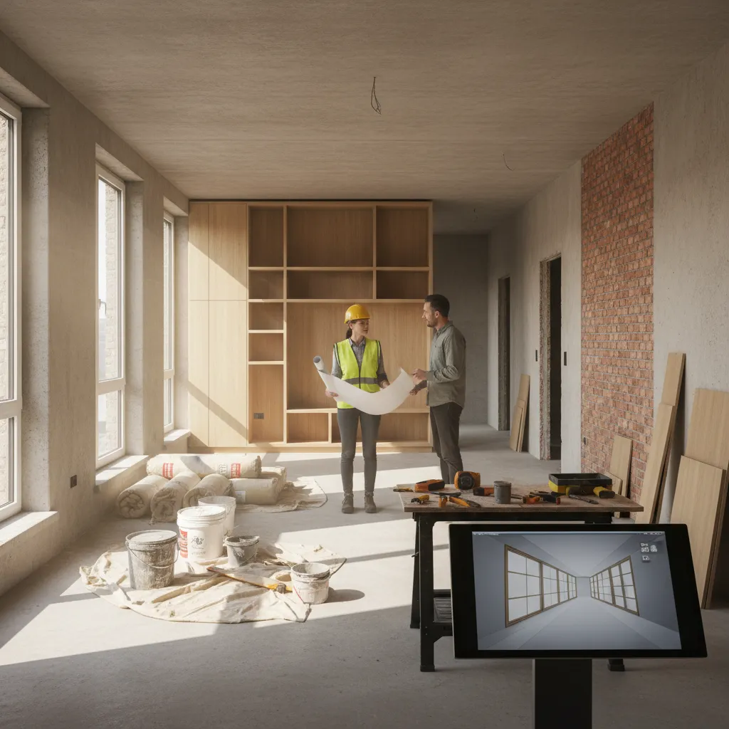 Apartamento en proceso de renovación con diseñador revisando el espacio