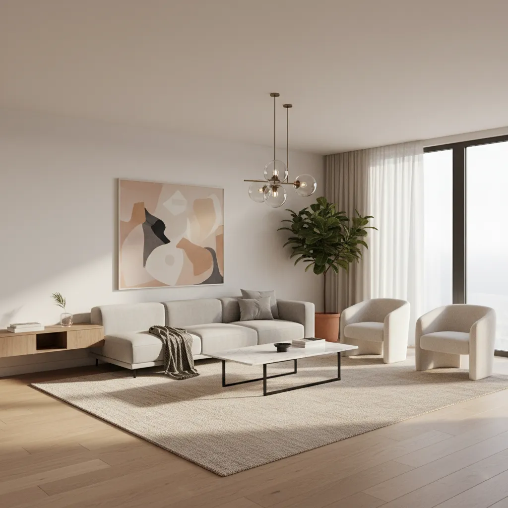 Apartment living room with large rug helping reduce upstairs footstep noise