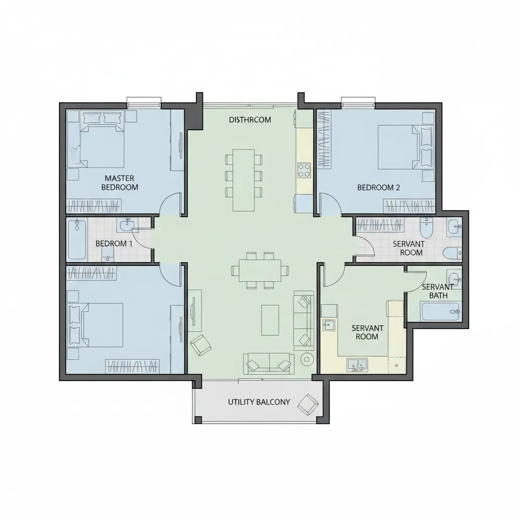 3 bhk apartment floor plan showing servant room near kitchen service area