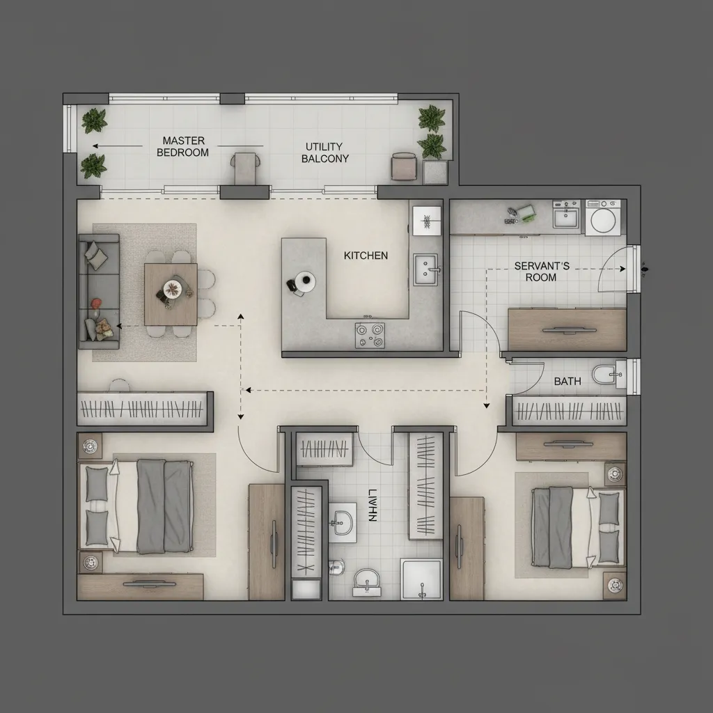 Apartment floor plan highlighting kitchen, utility area and servant room placement