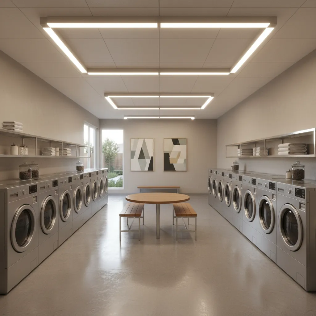 Apartment laundry room with multiple machines and clear walking paths