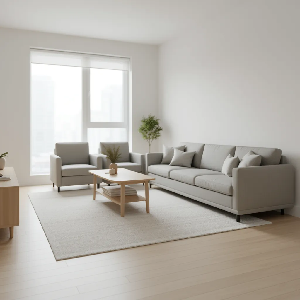 Apartment size sofa fitting comfortably in a small living room layout