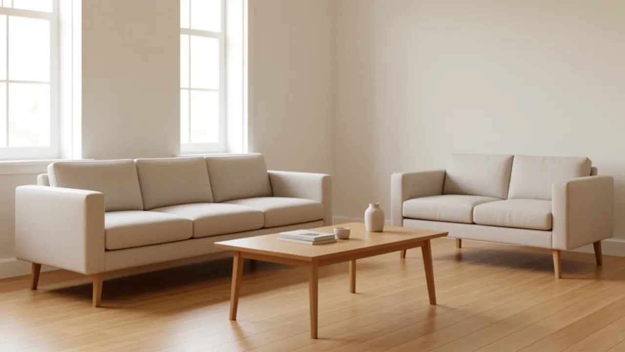 Slim apartment size sofas with exposed legs in small living room