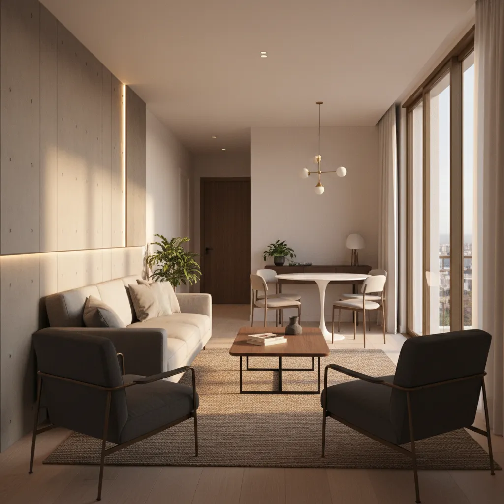 Apartment scale sofa placed along wall in narrow living dining room