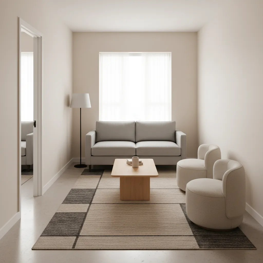 Apartment size sofa in a narrow small living room layout