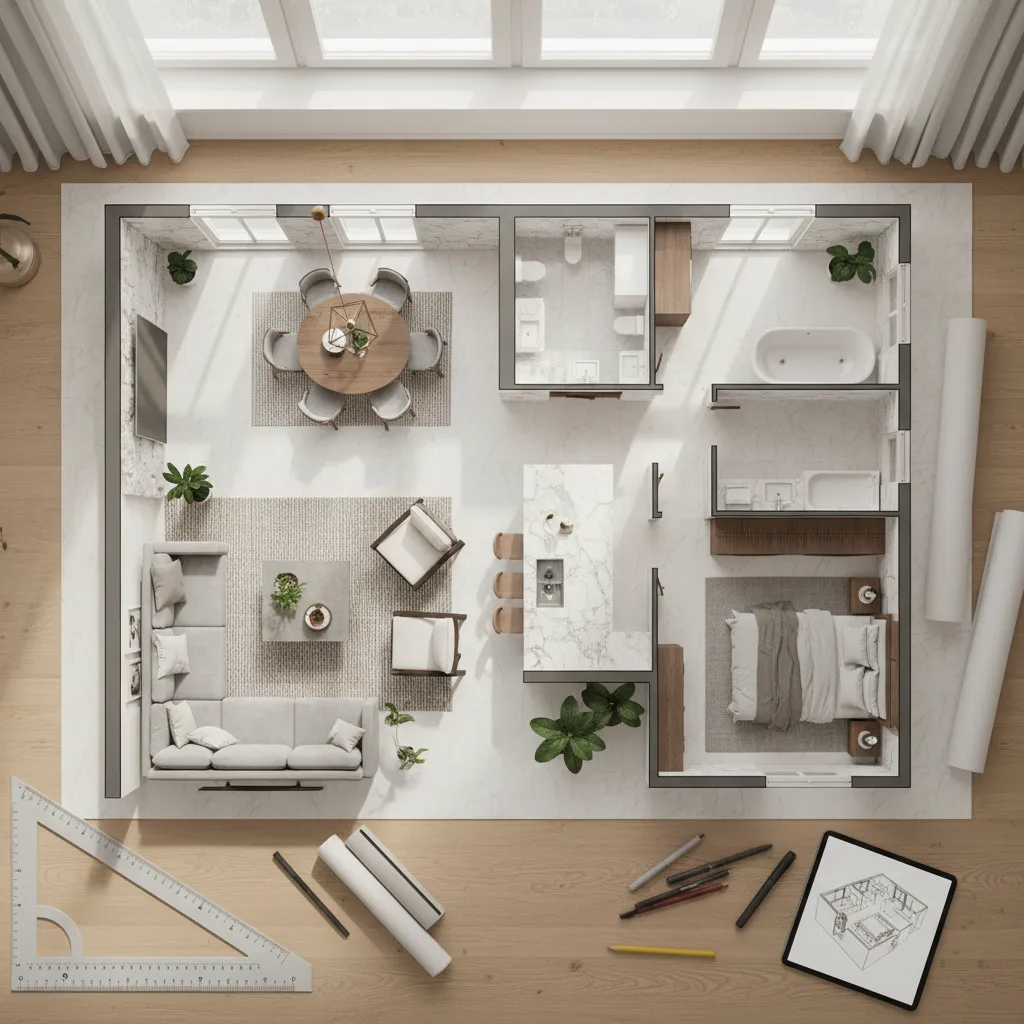 Plano de distribución de apartamento con mobiliario