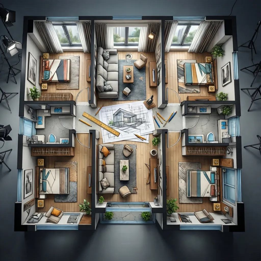 Plano de apartamento con varias opciones de distribución de muebles