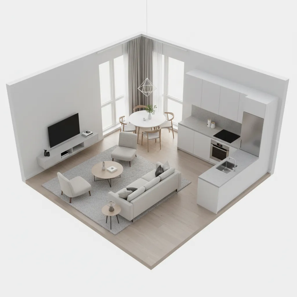 Open plan apartment showing living dining and kitchen zones defined with rugs and furniture