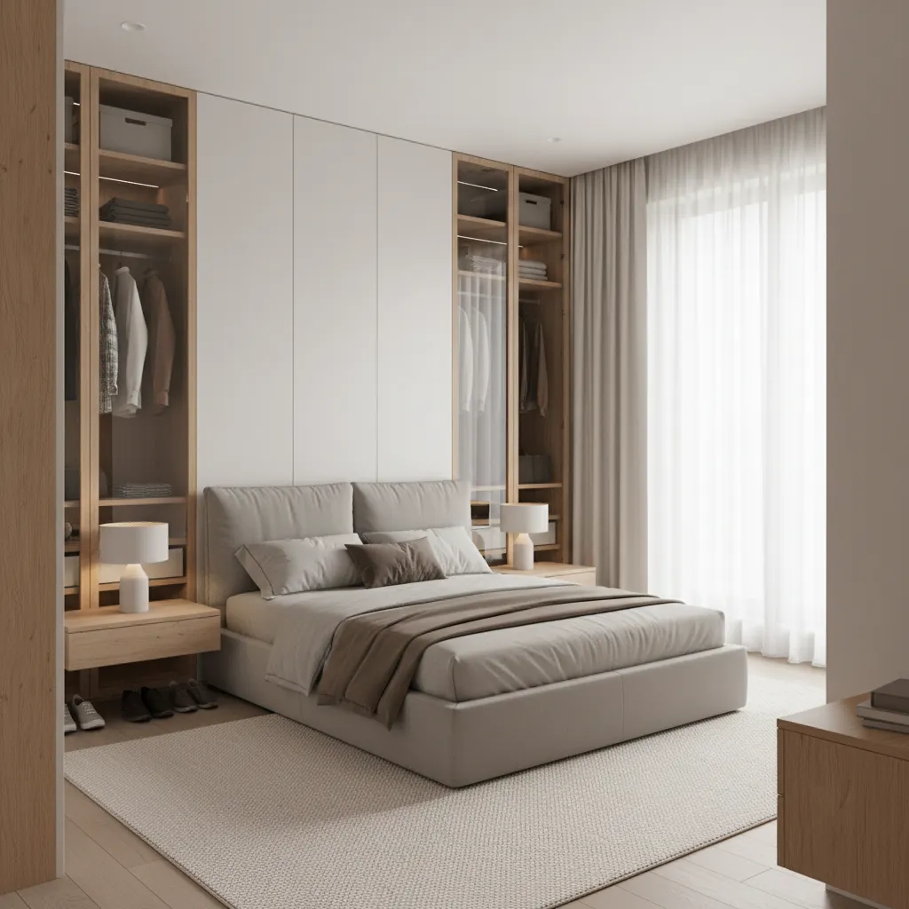built in wardrobe and vertical storage design in modern apartment bedroom