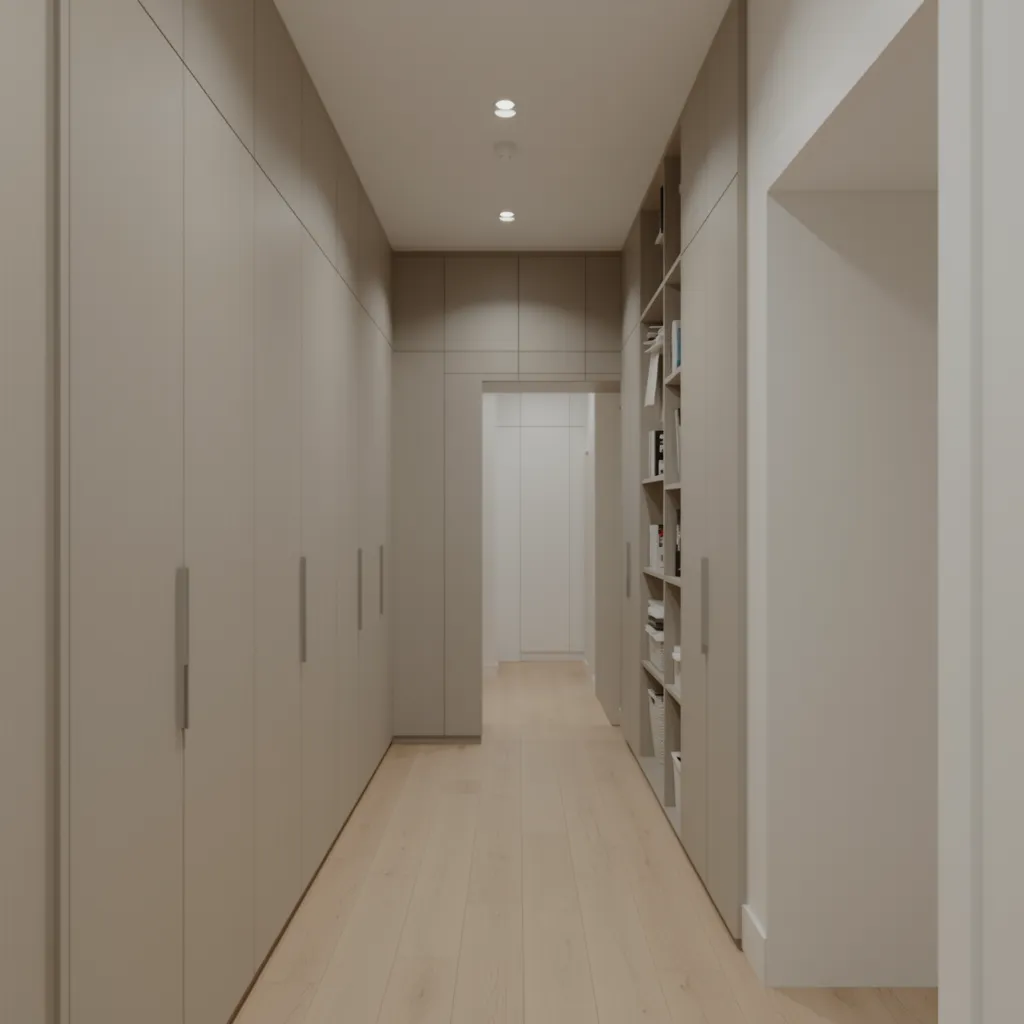 Built in storage cabinets and hidden storage solutions in apartment hallway