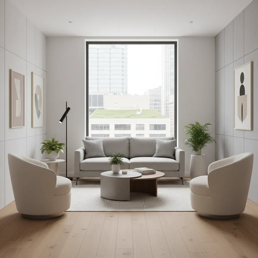Modern apartment case study layout using two swivel chairs and a sofa