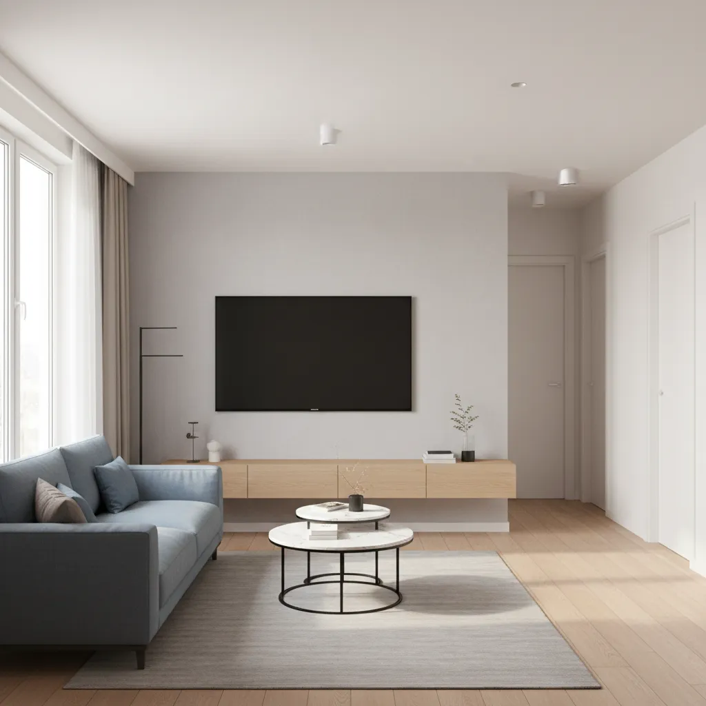 Small apartment layout showing sofa placement facing a wall mounted TV