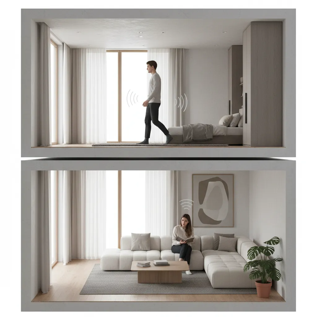 Upstairs apartment resident walking on hardwood floor while downstairs tenant hears footsteps