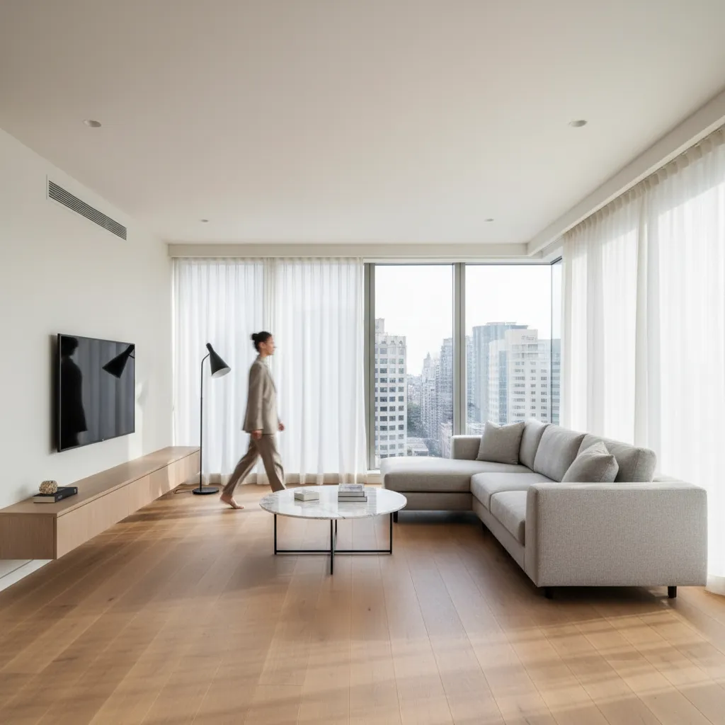 Upstairs resident walking across hardwood floor in modern apartment