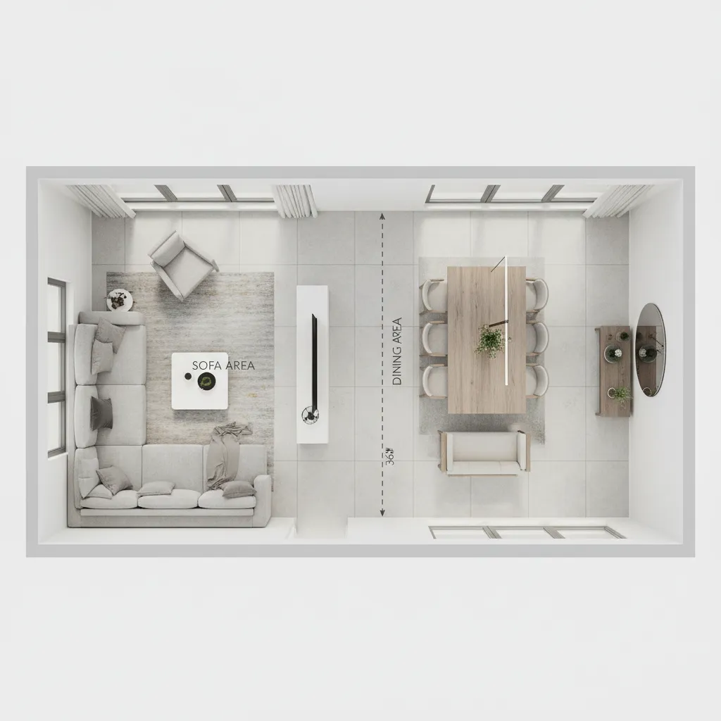 Apartment floor plan showing proper walkway clearance in living dining room