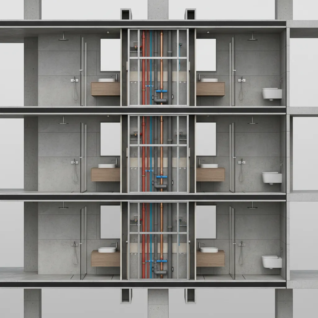 Cutaway diagram of apartment wall void showing vertical plumbing shaft connecting bathrooms