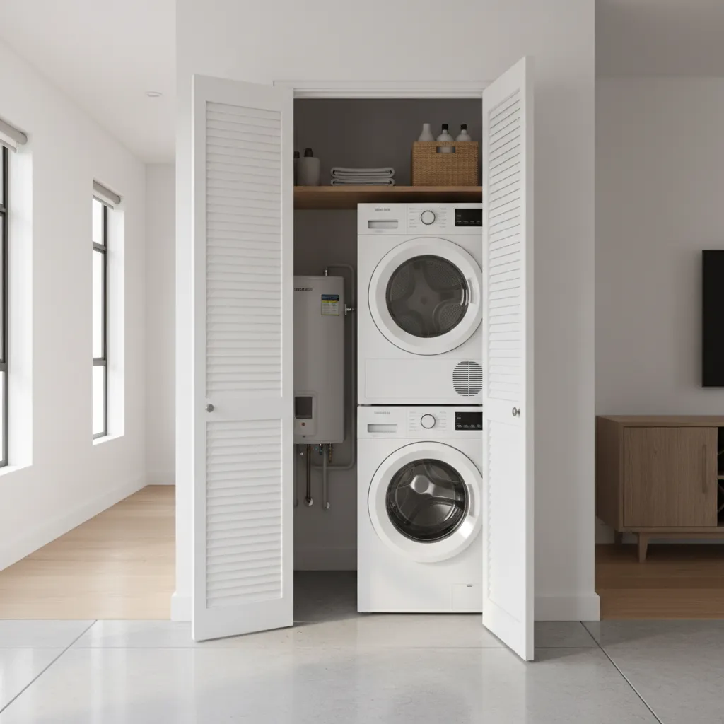 Apartment utility closet with ventilated doors hiding a water heater