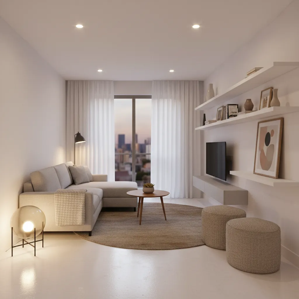 Modern living room with grey sofa wooden coffee table white shelves television and warm lighting