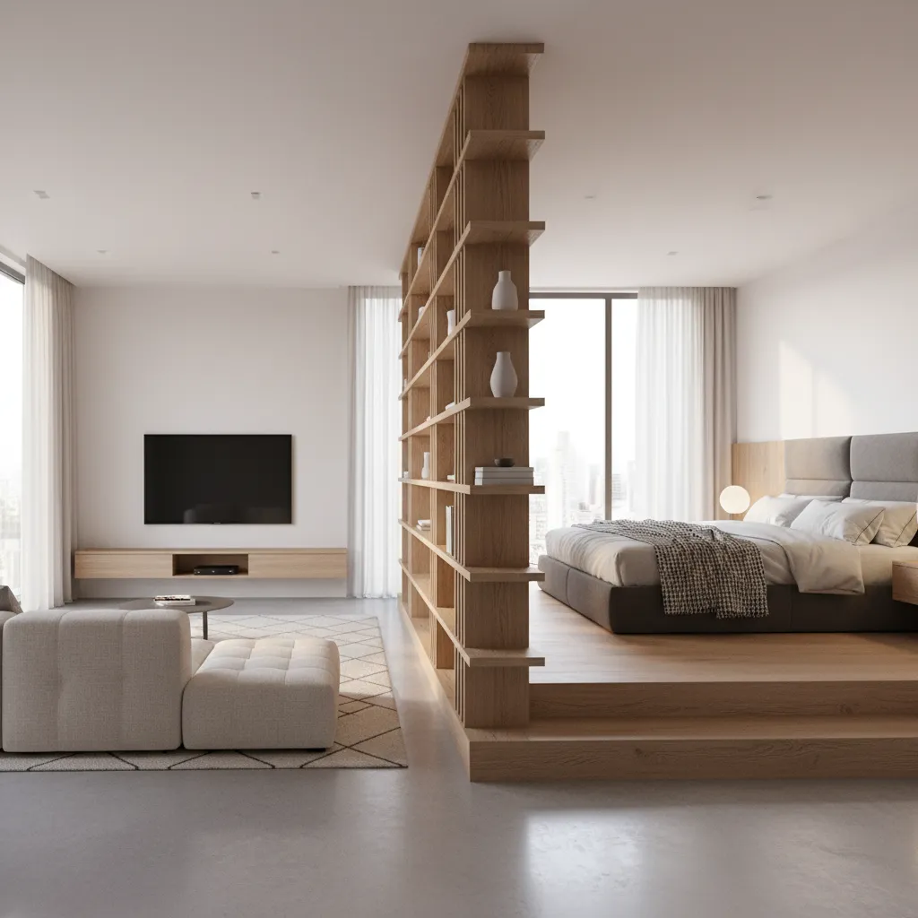 Apartment interior showing zoning between living dining and bedroom areas