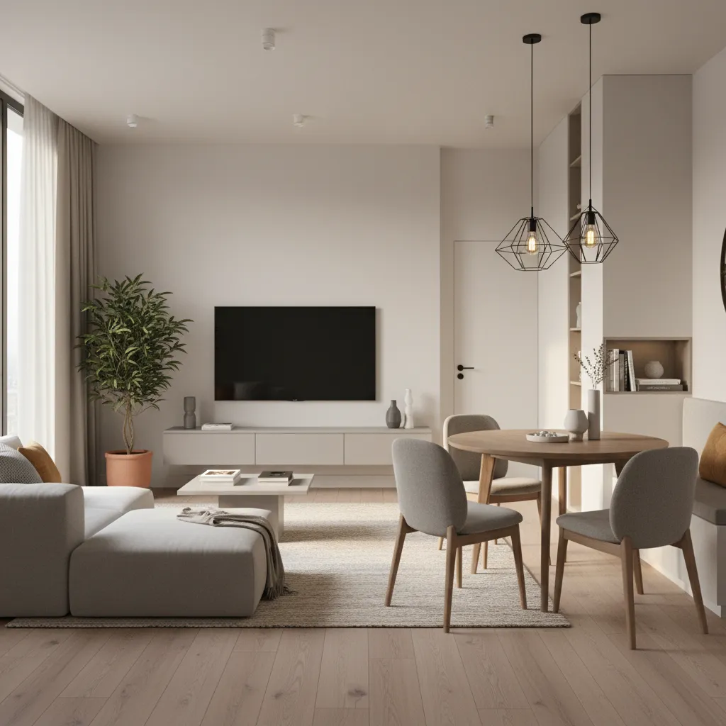 zoned living and dining areas in a small apartment