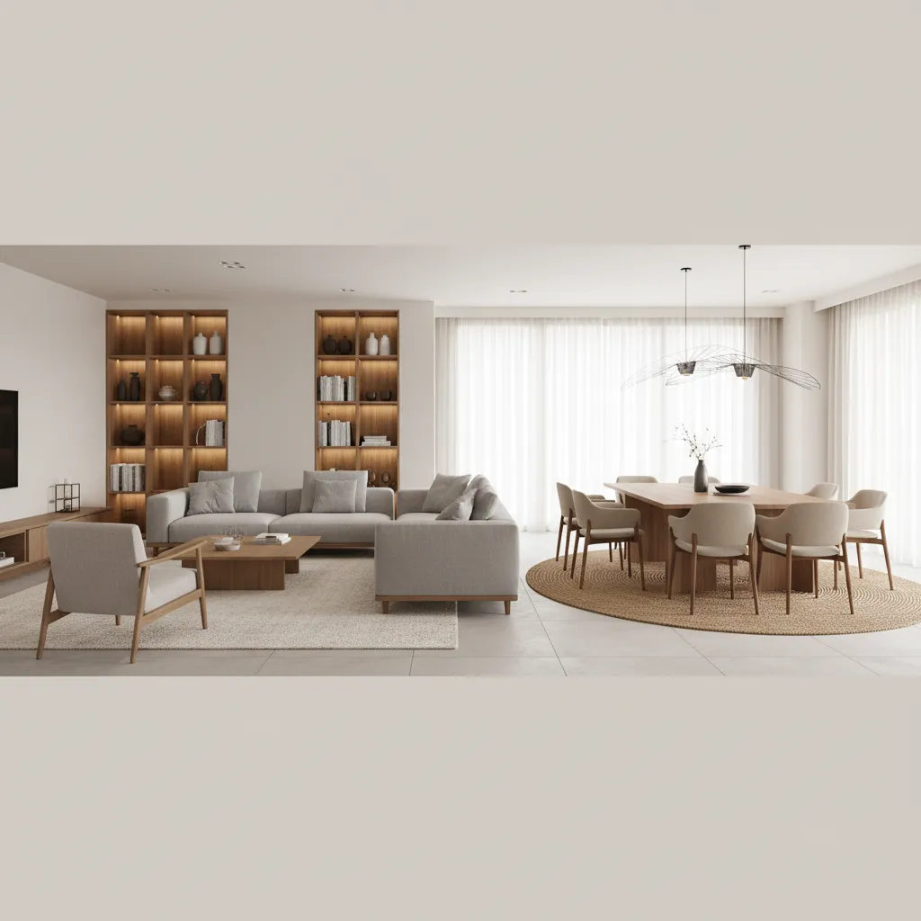 open plan living and dining zoning in a large apartment