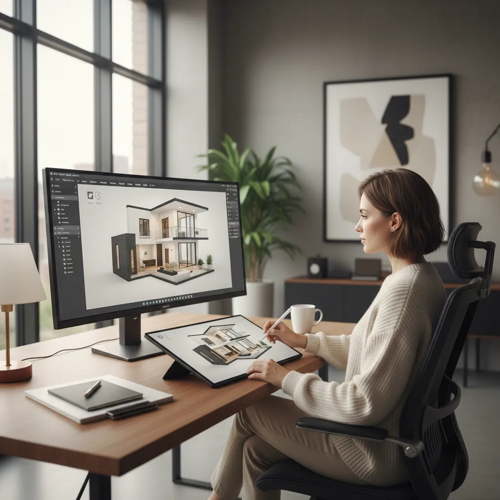 A woman using a digital tablet and monitor to create a 3D house model design