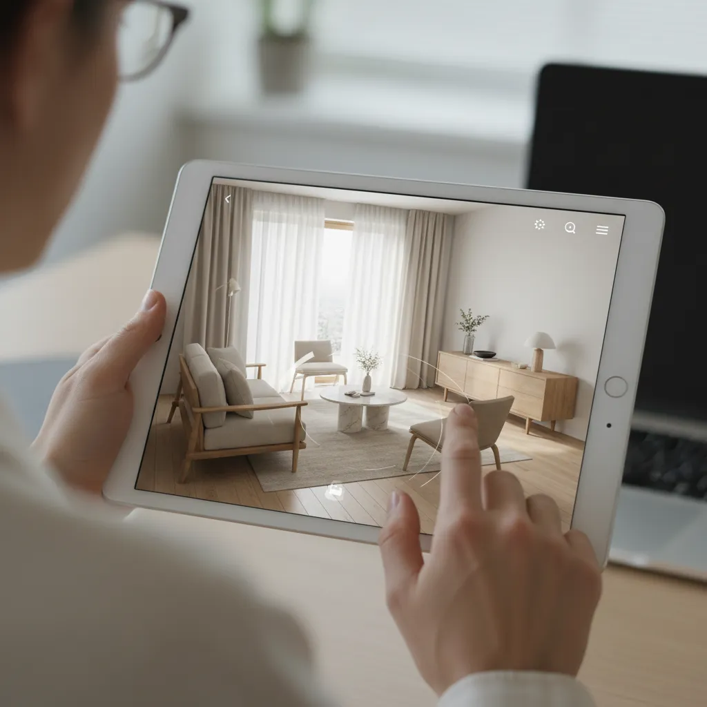 Person using a tablet to design a living room with a sofa chair and cabinet