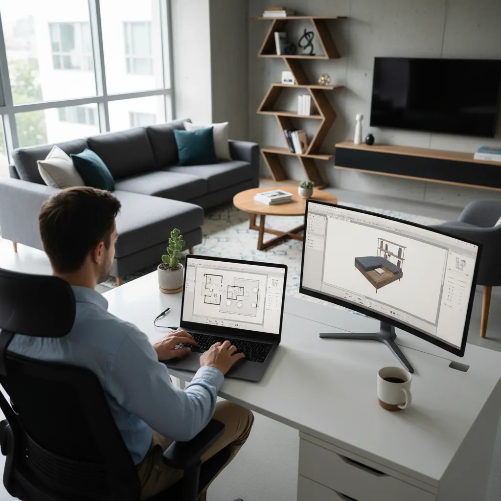 Designer using interior design drawing software on laptop and monitor in a modern home office