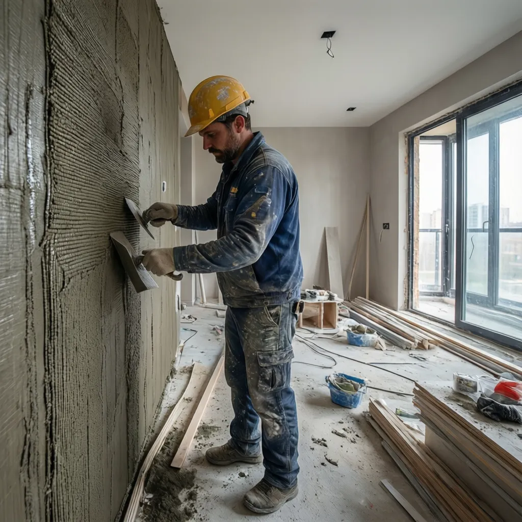 profesional aplicando revestimiento decorativo con fibra de vidrio en una pared interior