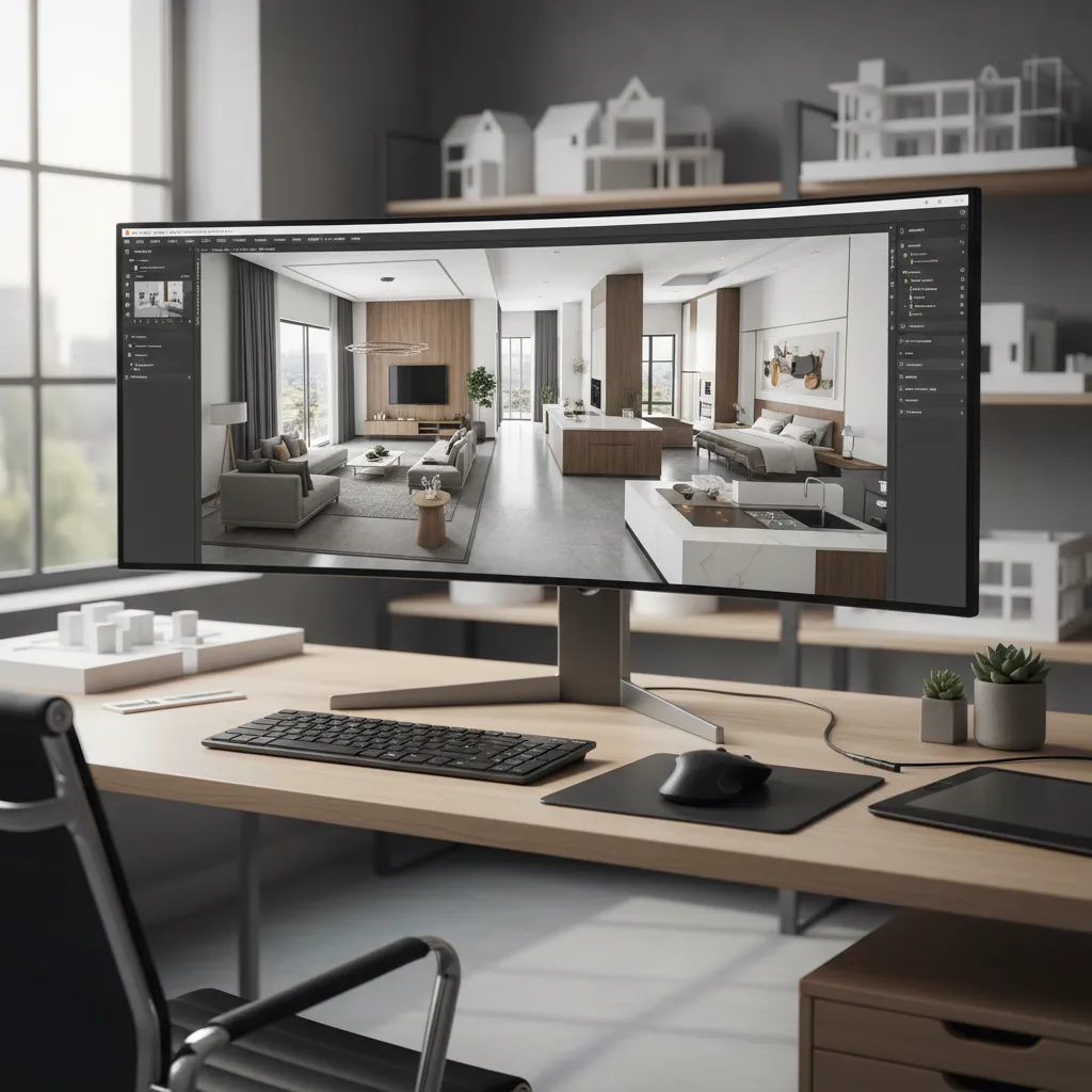 Computer monitor showing an interior design drawing of a modern living room on a desk
