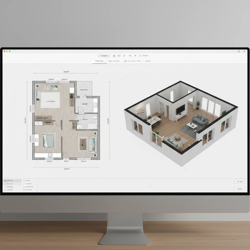 interface de aplicativo mostrando planta de casa em 2D e 3D